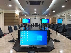 Implementation and integration of video conference solution using ClearOne DSP with Bosch CCS discussion system in Bangunan Pertahanan Kuala Lumpur. The conference room is now equipped with two large screen displays, monitors and sound system for online meeting and in-room presentation.